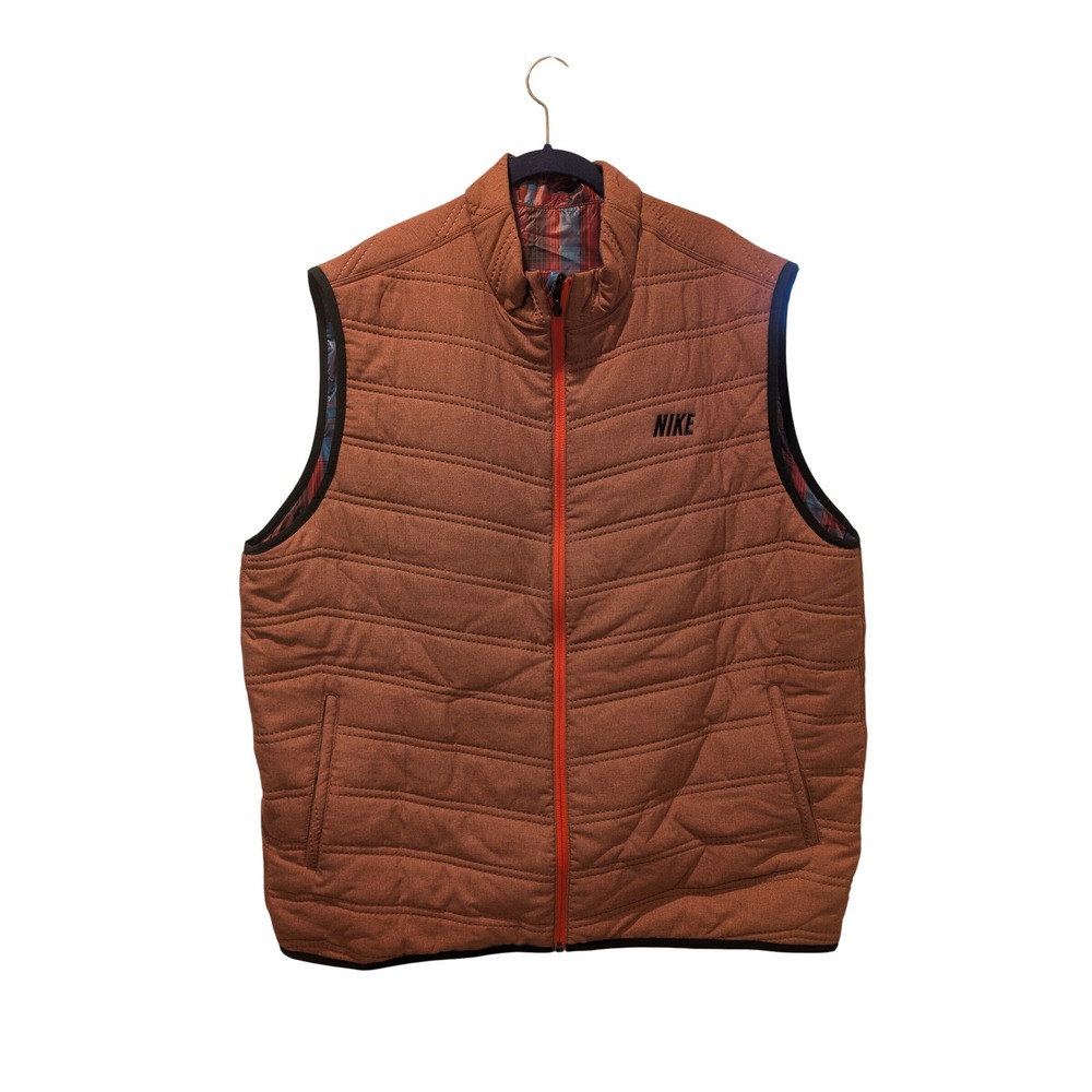 Nike Reversible Puffer Vest Mens Burnt Orange Quilted Plaid Full Zip‎ 0354